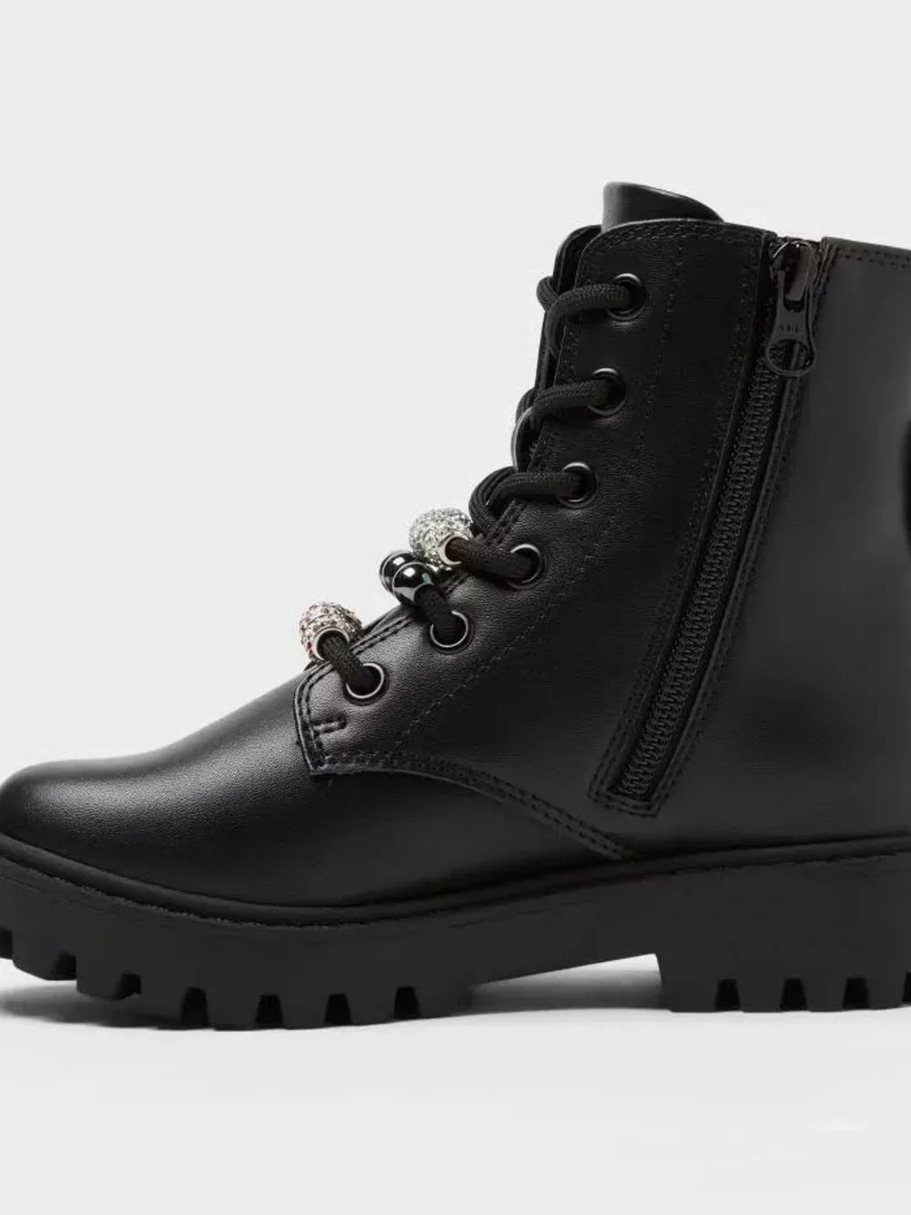 Bronx Black Kids Lace-Up Boot with Multicolor Bead Details